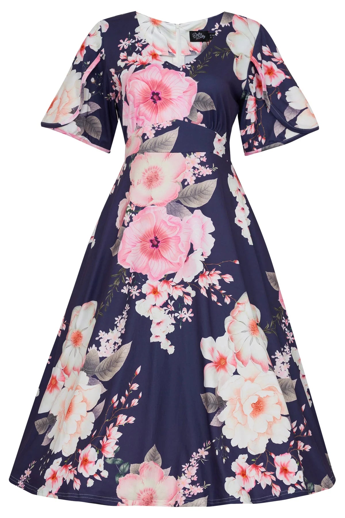 Dolly & Dotty V886-NaBig Flo Janice Navy Big Floral Swing Dress - Nichole Jade Rockabilly Boutique