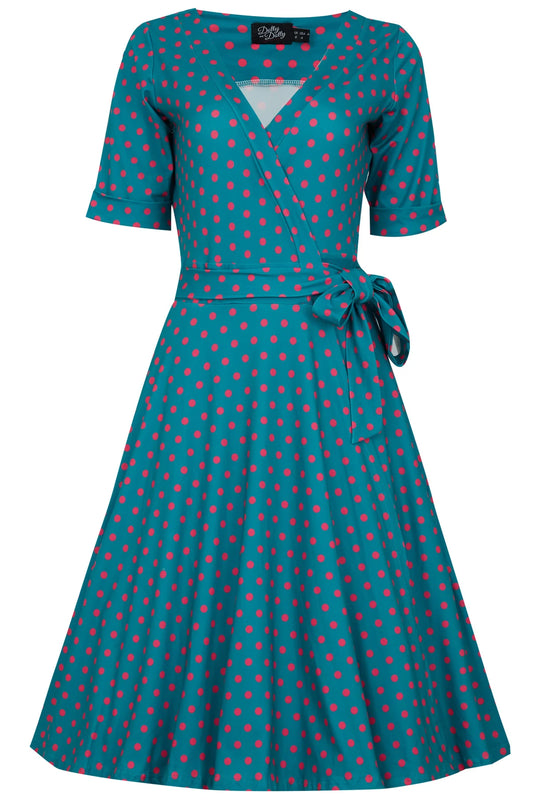 Dolly & Dotty V870-PeaPnkPolk Matilda Peacock Knit Wrap Dress - Nichole Jade Rockabilly Boutique