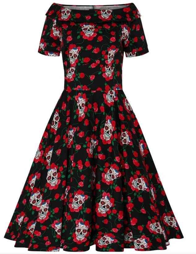 Dolly & Dotty V333-66 Rockabilly Skulls & Roses Darlene Swing Dress