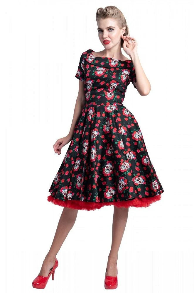 Dolly & Dotty V333-66 Rockabilly Skulls & Roses Darlene Swing Dress