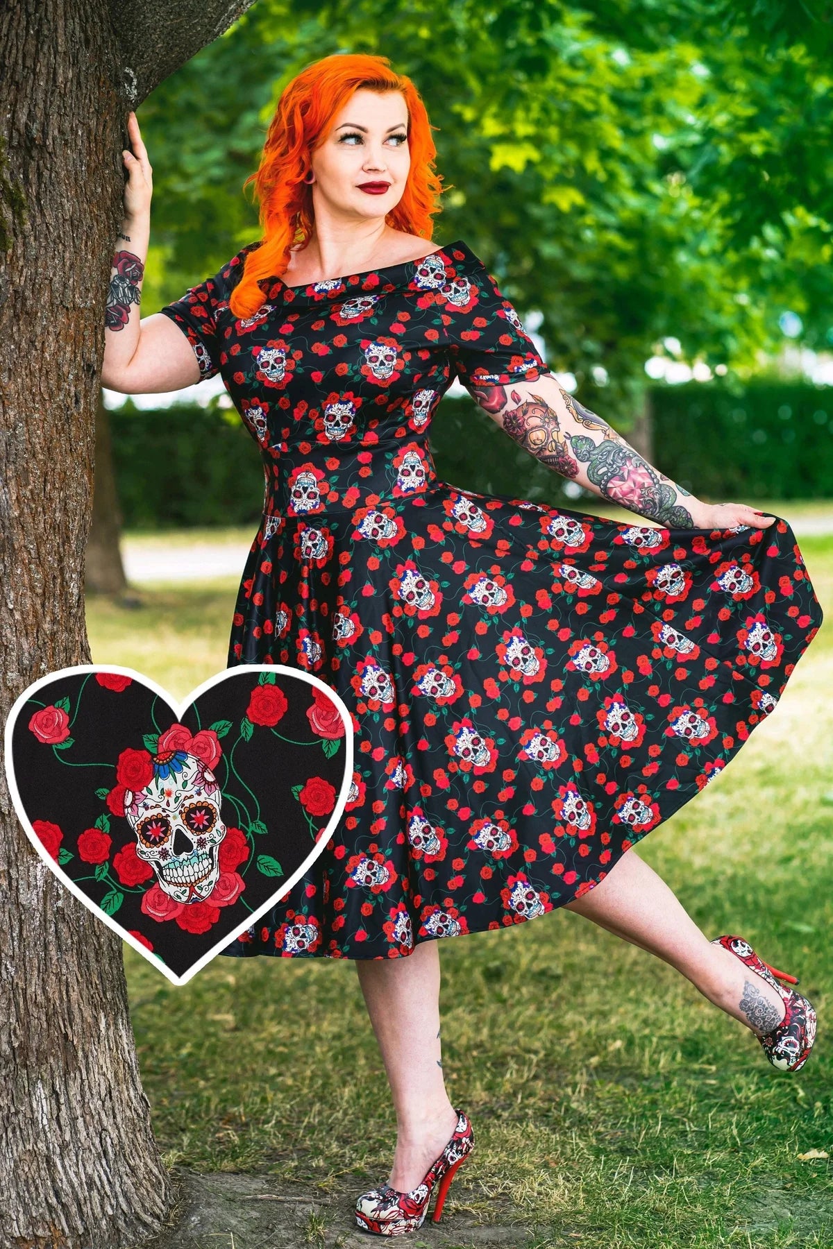 Dolly & Dotty V333-66 Rockabilly Skulls & Roses Darlene Swing Dress