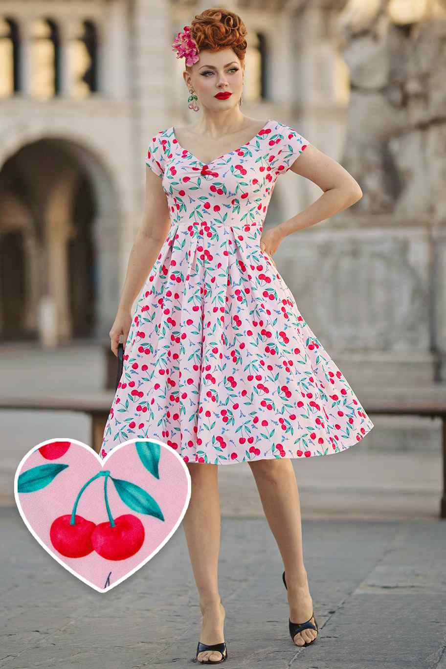 Dolly & Dotty V873-PnkCheBluFlo Lily Cherry Pink Dress - Nichole Jade Rockabilly Boutique