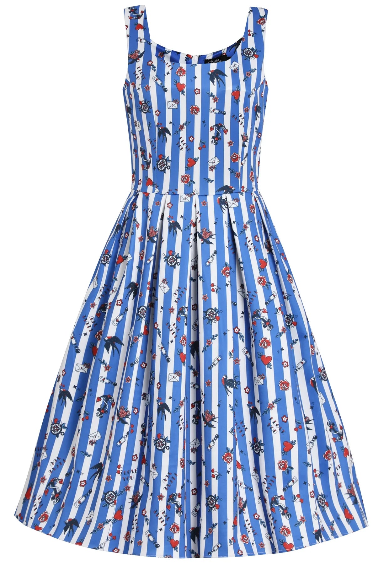 Dolly & Dotty V950-BluStriTatt Amanda Rockabilly Swallow Swing Dress - Nichole Jade Rockabilly Boutique