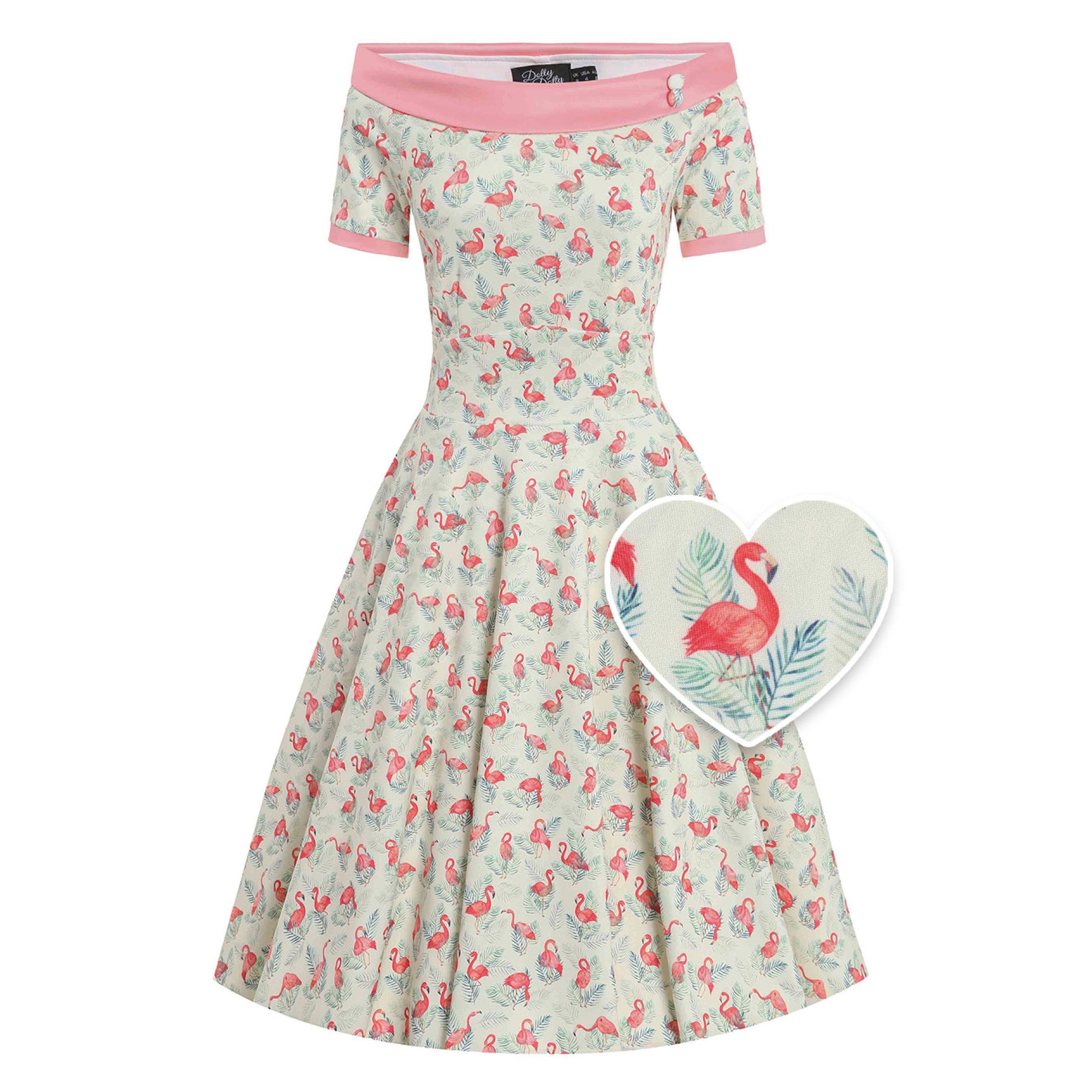 Dolly & Dotty V333-CrePnkFlmg - Darlene Cream Flamingo Print 50's Style Swing Dress - Nichole Jade Rockabilly Boutique